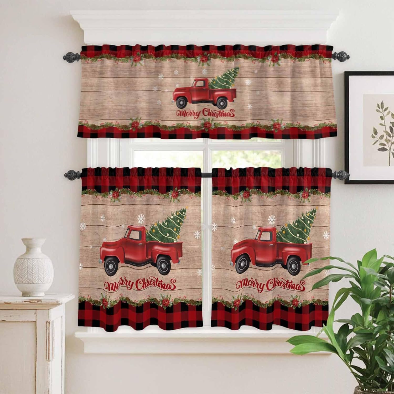 Merry Christmas Kitchen Window Valance and Tier Set Farm Truck Xmas Tree 3 Piece Rod Pocket Valances Short Curtain, Retro Old Plank Small Windows Treatment Tiers Curtains for Bedroom/Cafe/Bathroom