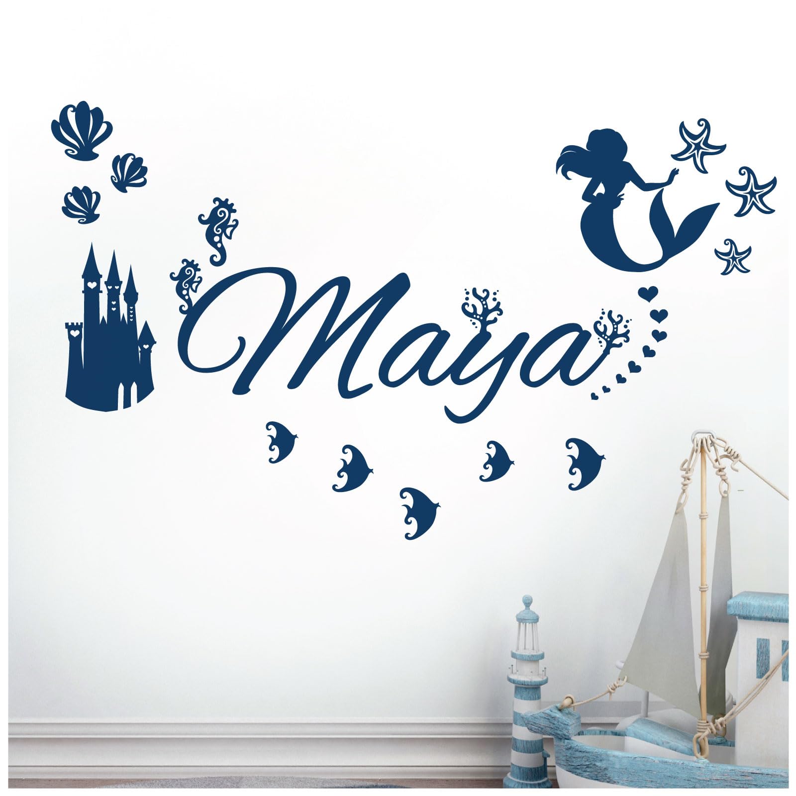 Personalised Name - Little Mermaid Inspired, Ocean, Castle, Starfish - Children's Bedroom Vinyl Wall Decal Sticker [Medium] [Ultramarine] — image 1