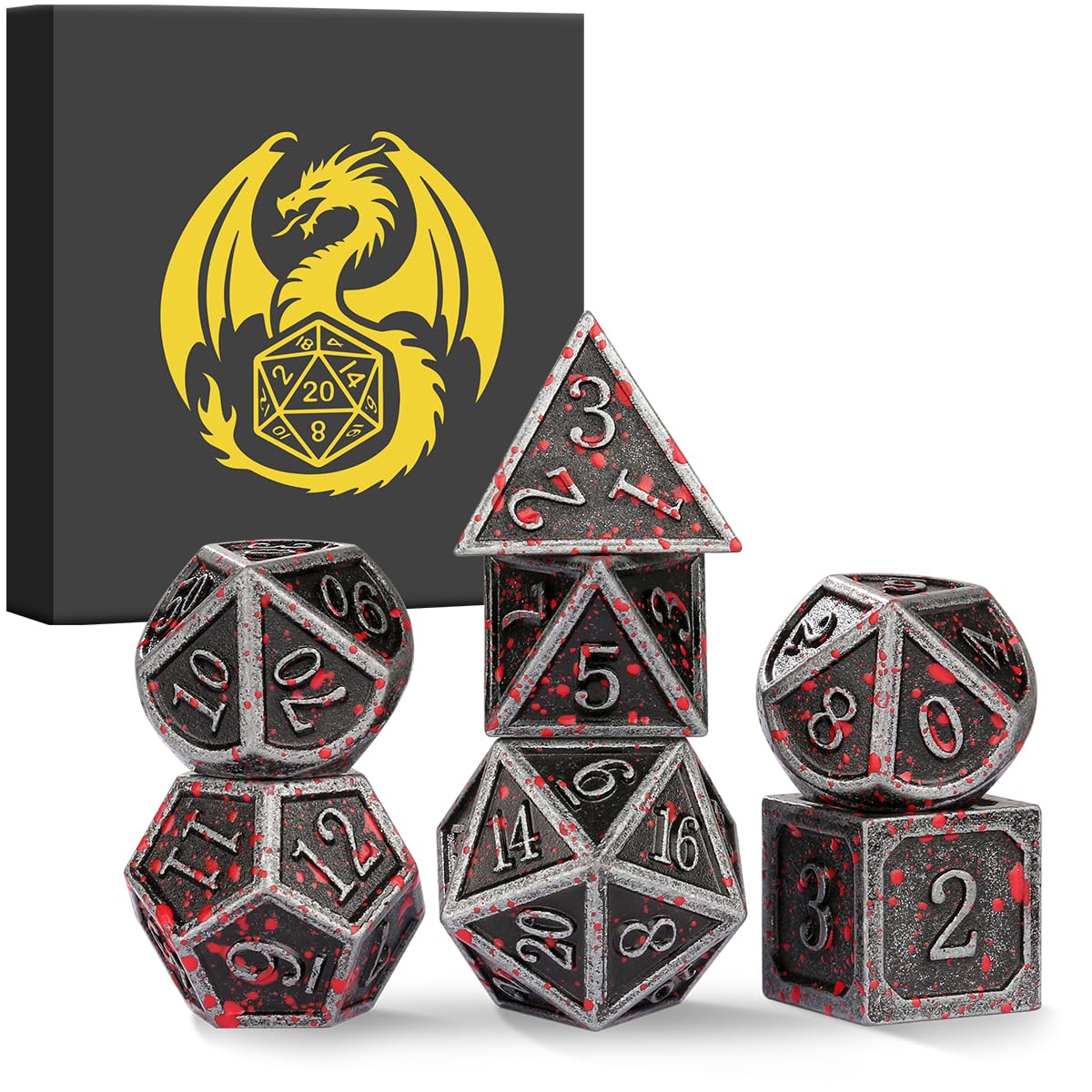 Set di Dadi in Metallo D&D, 7 pezzi di Dadi Poliedrici in Metallo, Accessori per Giochi di Ruolo, Regali DND con Scatola Regalo, D20, D12, 2 D10 (00-90 e 0-9), D8, D6 e D4, Argento Macchiato di Sangue