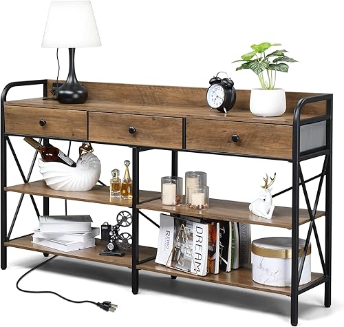 Karl home Mesa consola con puertos USB y tomacorrientes, mesa de entrada, sofá, mesa de TV con 3 cajones de tela, estantes de almacenamiento de 3