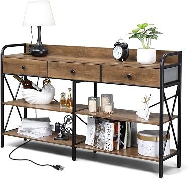 Karl home Console Table with USB Ports and Outlets and Shelves, Brown
