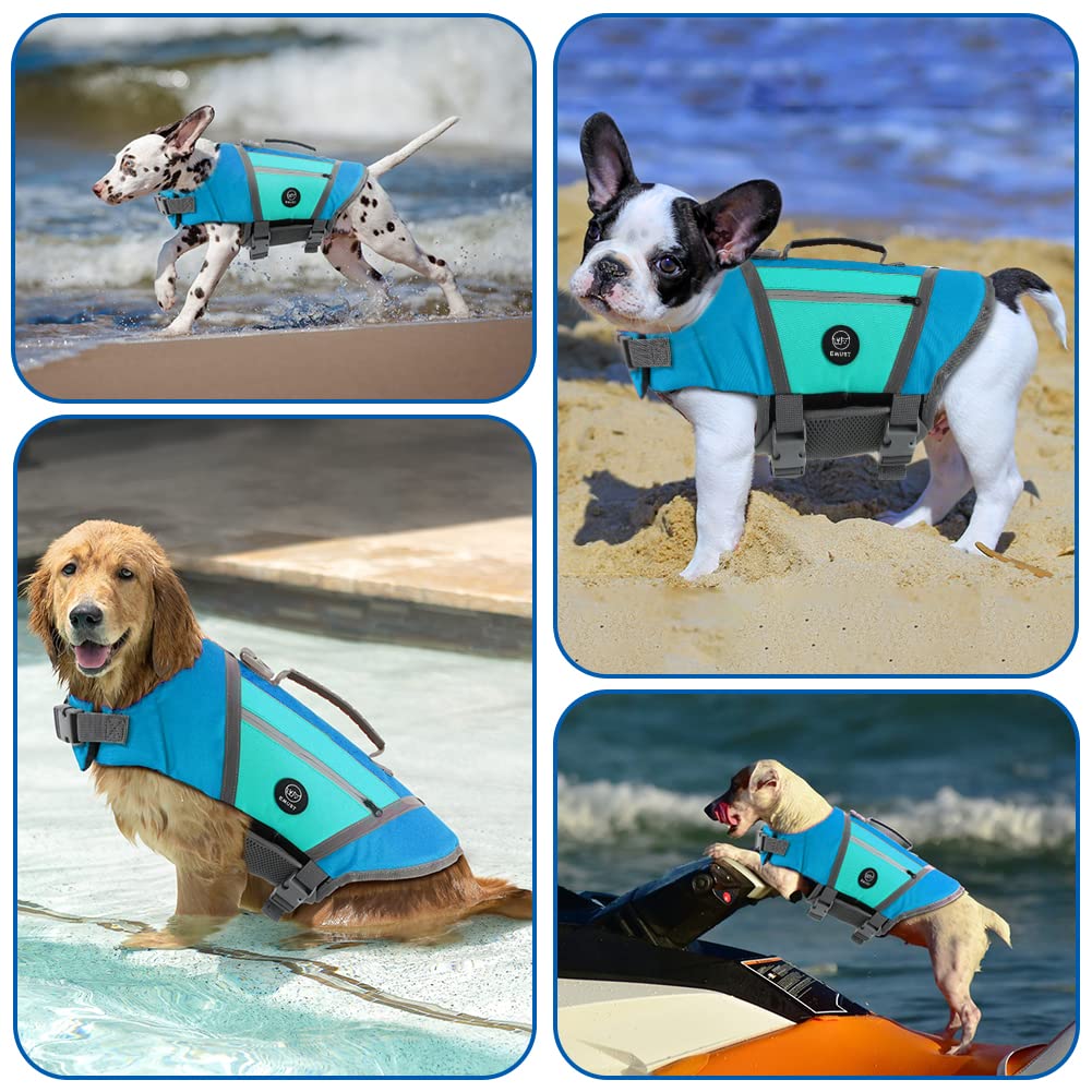 EMUST Gilet de sauvetage léger pour chien avec poches, gilet de sauvetage élégant pour chien avec poignée de sauvetage et bandes réfléchissantes pour la natation, le bateau, le kayak, bleu, taille XS