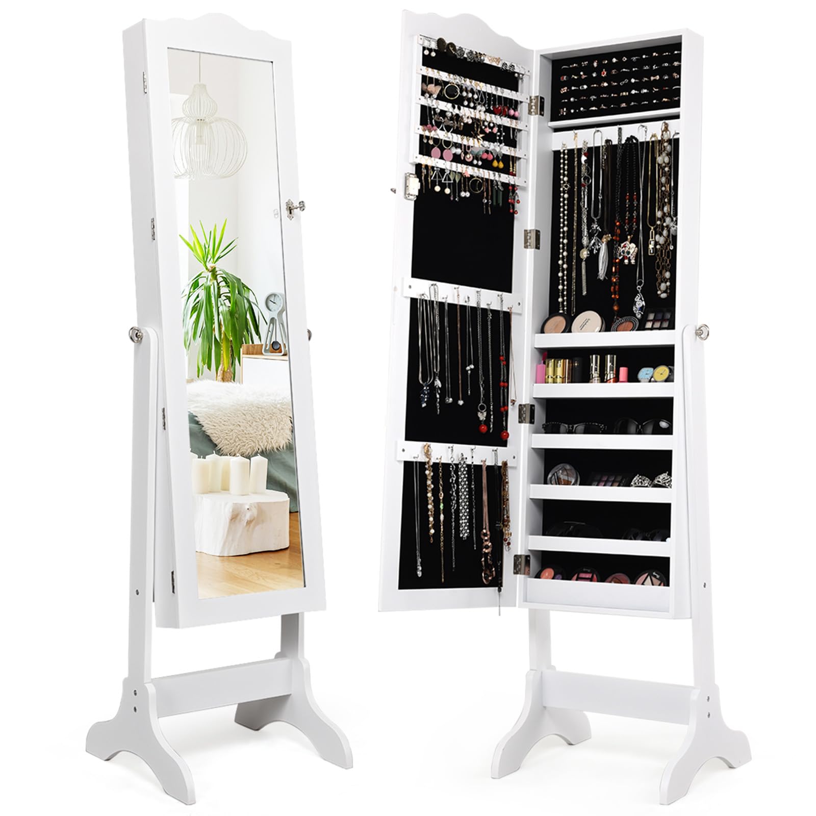 HOMASIS Specchio Portagioie da Terra con Piano Curvo, Armadietto Portagioie con Serratura, Contenitore per Gioielli, Angolo regolabile su 4 Livelli, Ideale Regalo per Trucco, 45x37x160 cm, Bianco
