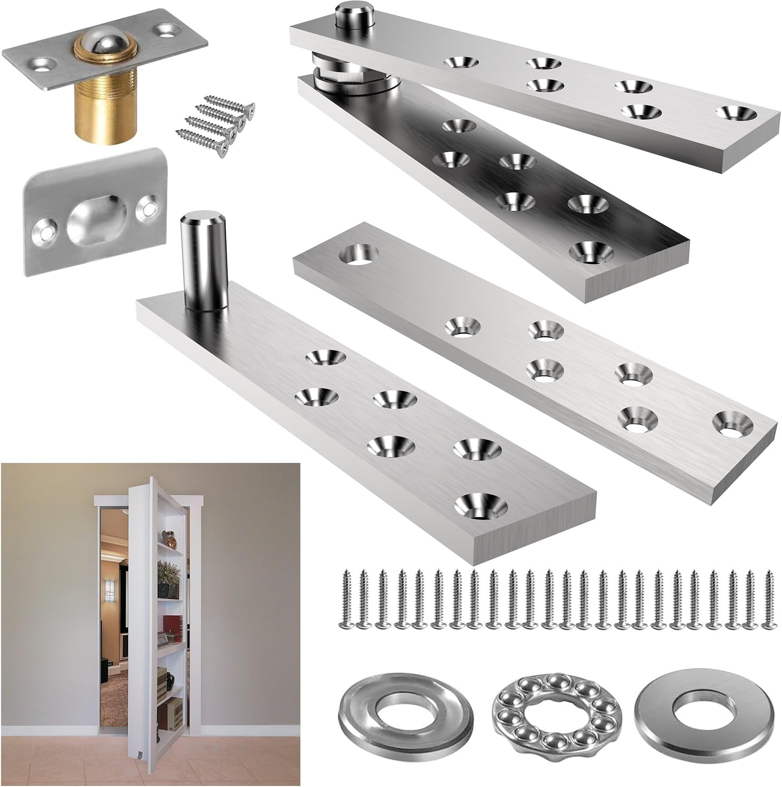 Hidden Door Hinge Pivot Hardware 360 Degree Rotation Murphy Bookcase, Heavy Duty Hinge Kit for Max 300 lbs, Secret Door Hinges (Silver)