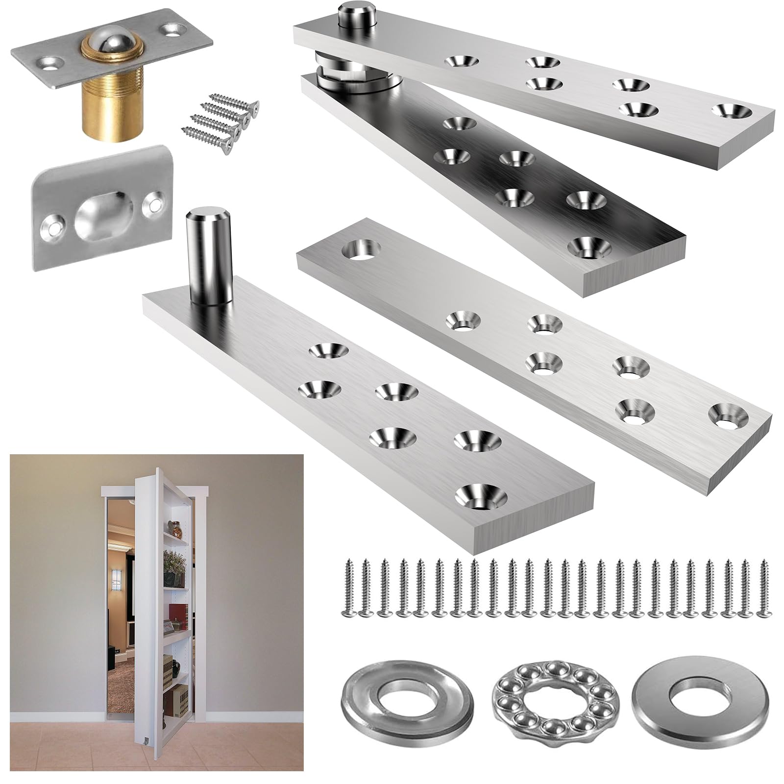Hidden Door Hinge Pivot Hardware 360 Degree Rotation Murphy Bookcase, Heavy Duty Hinge Kit for Max 300 lbs, Secret Door Hinges (Silver)