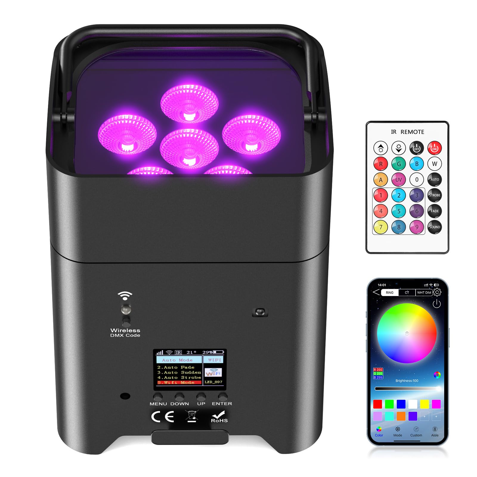 Faretto LED a batteria, 108 W, RGBWA-UV, con controllo app, batteria LED Par con DMX e telecomando per feste, club, bar, Halloween, Natale