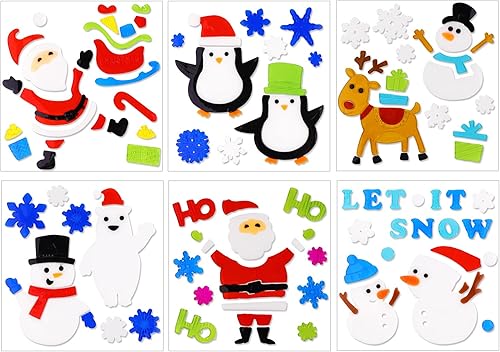 XIMISHOP 6 adhesivos de gel de Navidad decoración de ventana de pingüino de Papá Noel, muñeco de nieve, copo de nieve