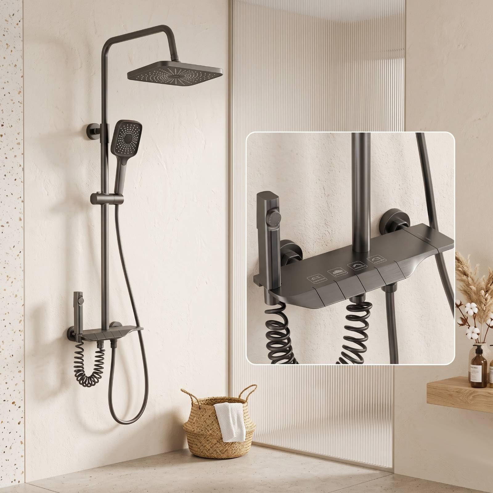 Columna de Ducha con Grifo, 4 Modos Columna Ducha Controles de los botones del piano, Lluvia Columna de Baño Multifuncional Altura Ajustable 65-105cm (gris oscuro)