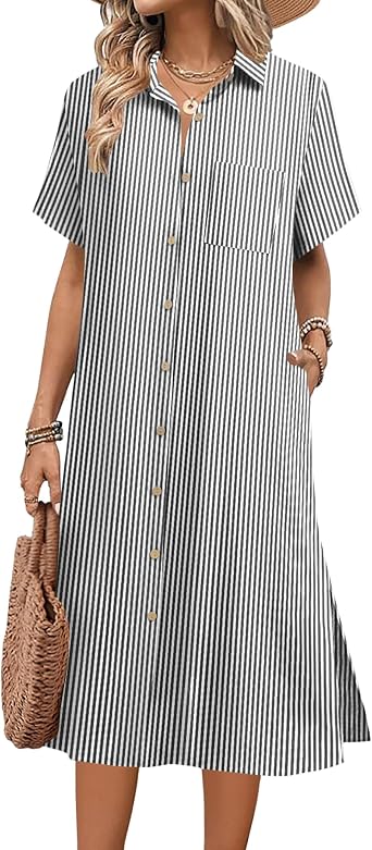 HOTOUCH Womens Shirt Dress Linen Collared Button Down Summer Midi Dresses Casual Loose Short Sleeve Beach Dress with Pockets