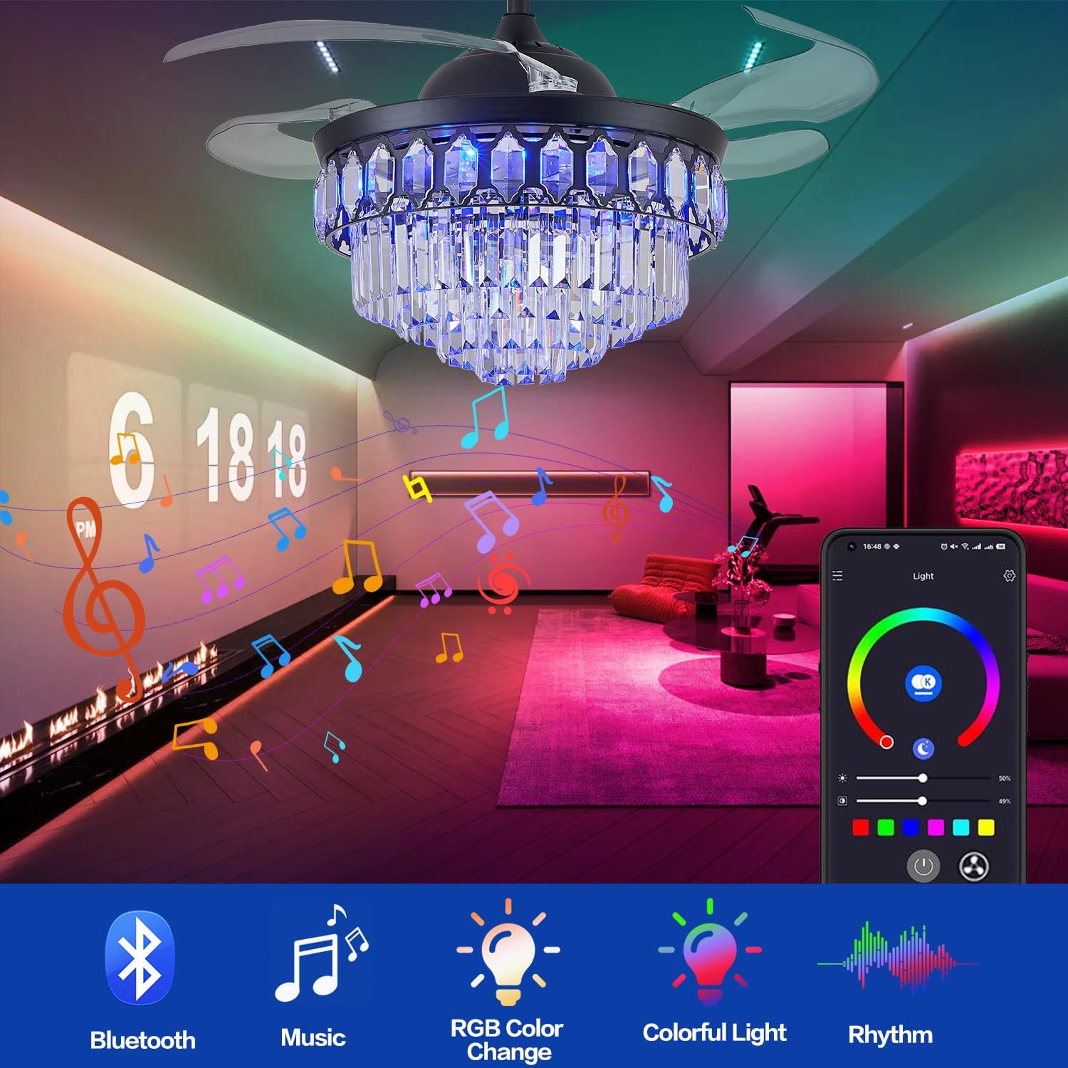 48" RGB Ceiling Fan with Light and Music Player,Bluetooth Retractable Blades Crystal Fandelier Speaker LED Chandelier 6-Speed APP Control Quiet Motor Remote Control for Bedroom Black