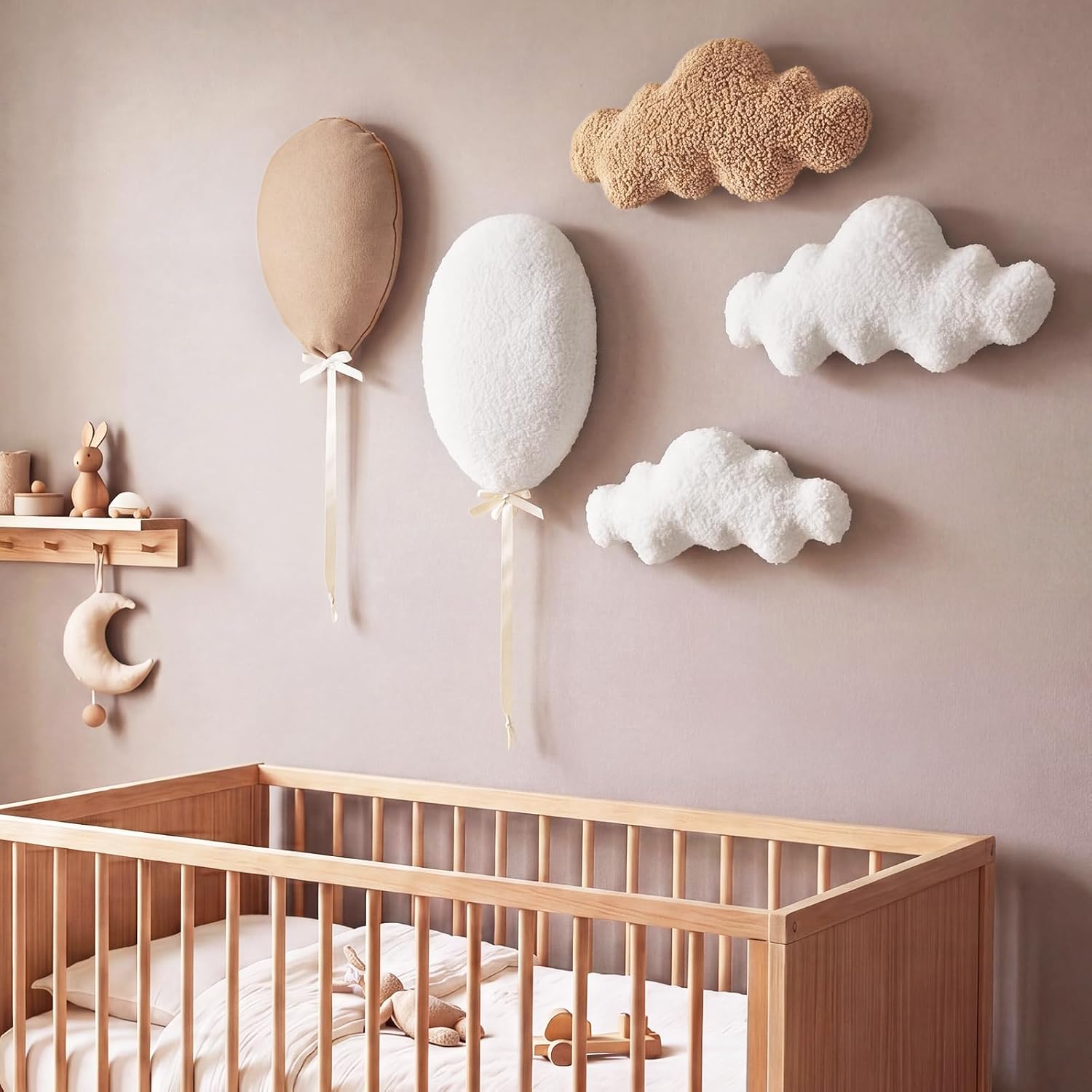 Kathfly 5 Pcs Large Nursery Wall Decor Fabric Cloud Balloon Nursery Cloud Decor Cute Baby Room Wall Art Artificial Hot Air Balloon 3D Linen Hanging Decoration for Room Bedroom Baby Shower(Brown)