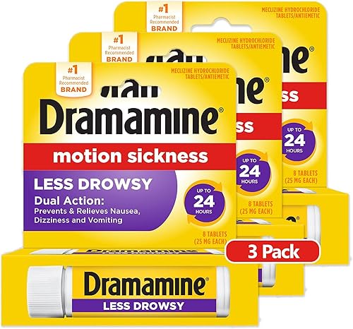 Dramamine Todo el día menos somnolencia, alivio del mareo por movimiento, 8 unidades, paquete de 3