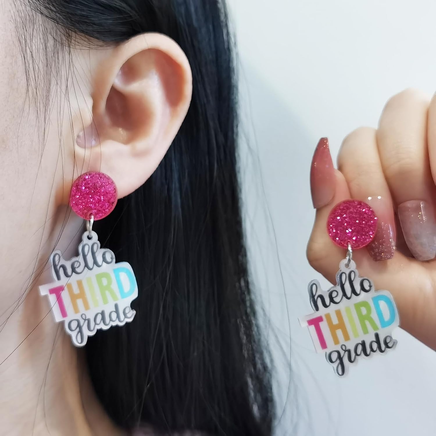 First Day of School Earrings for Students Colorful Acrylic Grade Teacher Earrings Back to School Drop Dangle Earrings Teacher Appreciation Gifts (THIRD)
