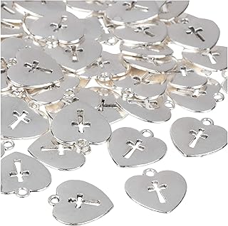 Silver Religious Charms, Heart Shaped with Cross Cut Out (0.67 x 0.63 In, 75 Pack)