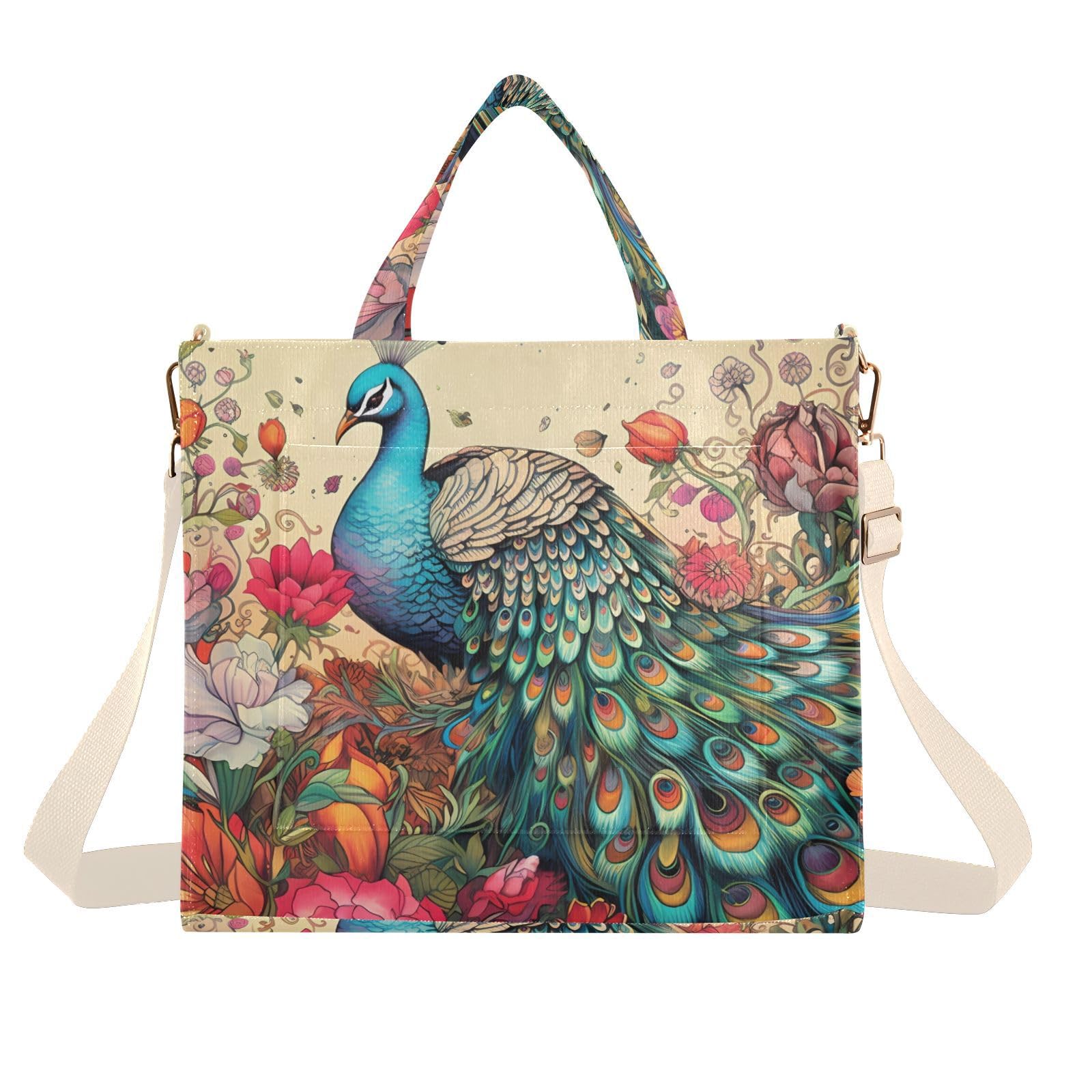 YMGQYJ Peacock in Flower Corduroy Women Tote Bag, Handbag Purse with Detachable Strap Small Size