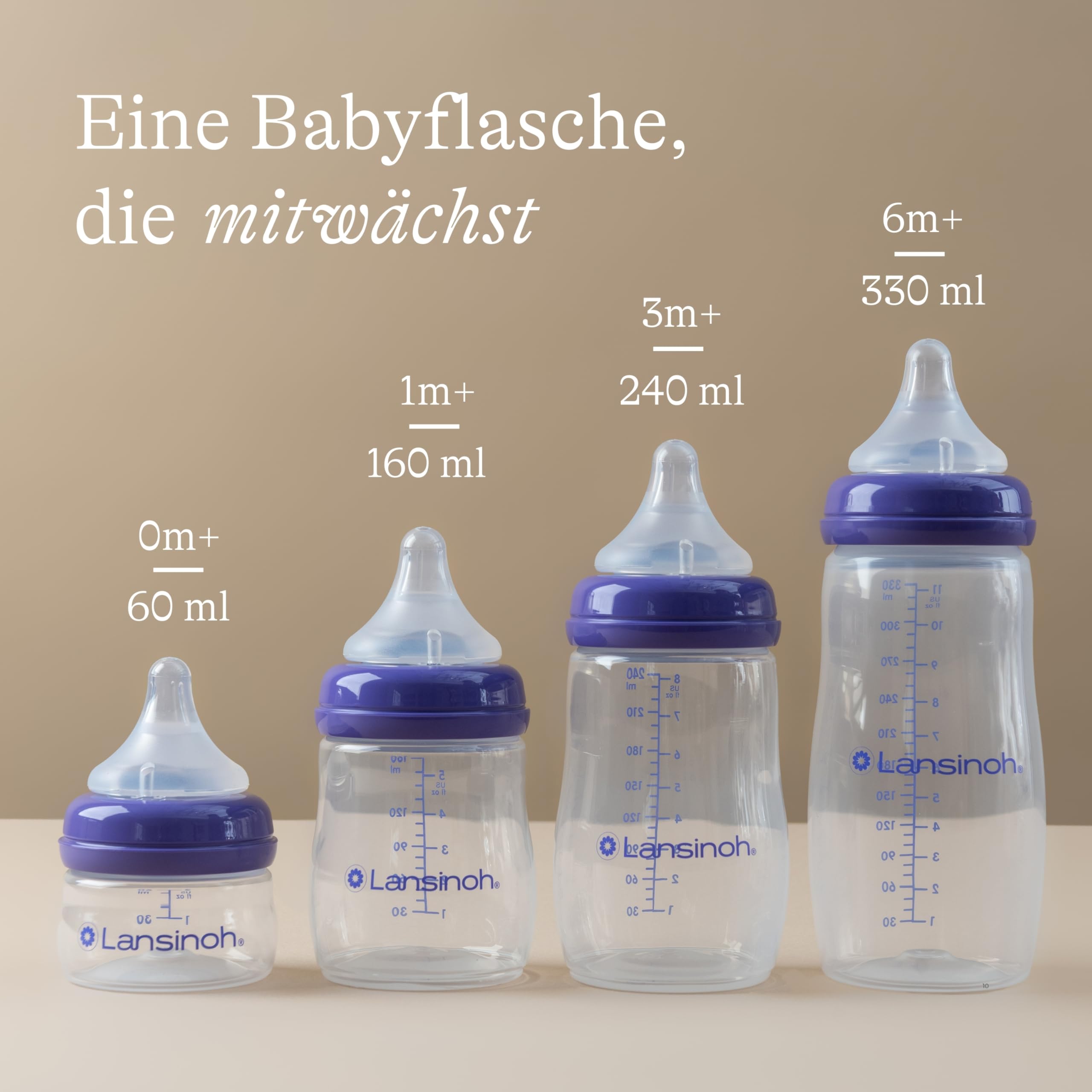 Lansinoh Babyflaschen Set mit NaturalWave Sauger L, 330 ml - 4er Pack - für Babys ab 6 Monate - Anti Kolik Ventil & BPA frei