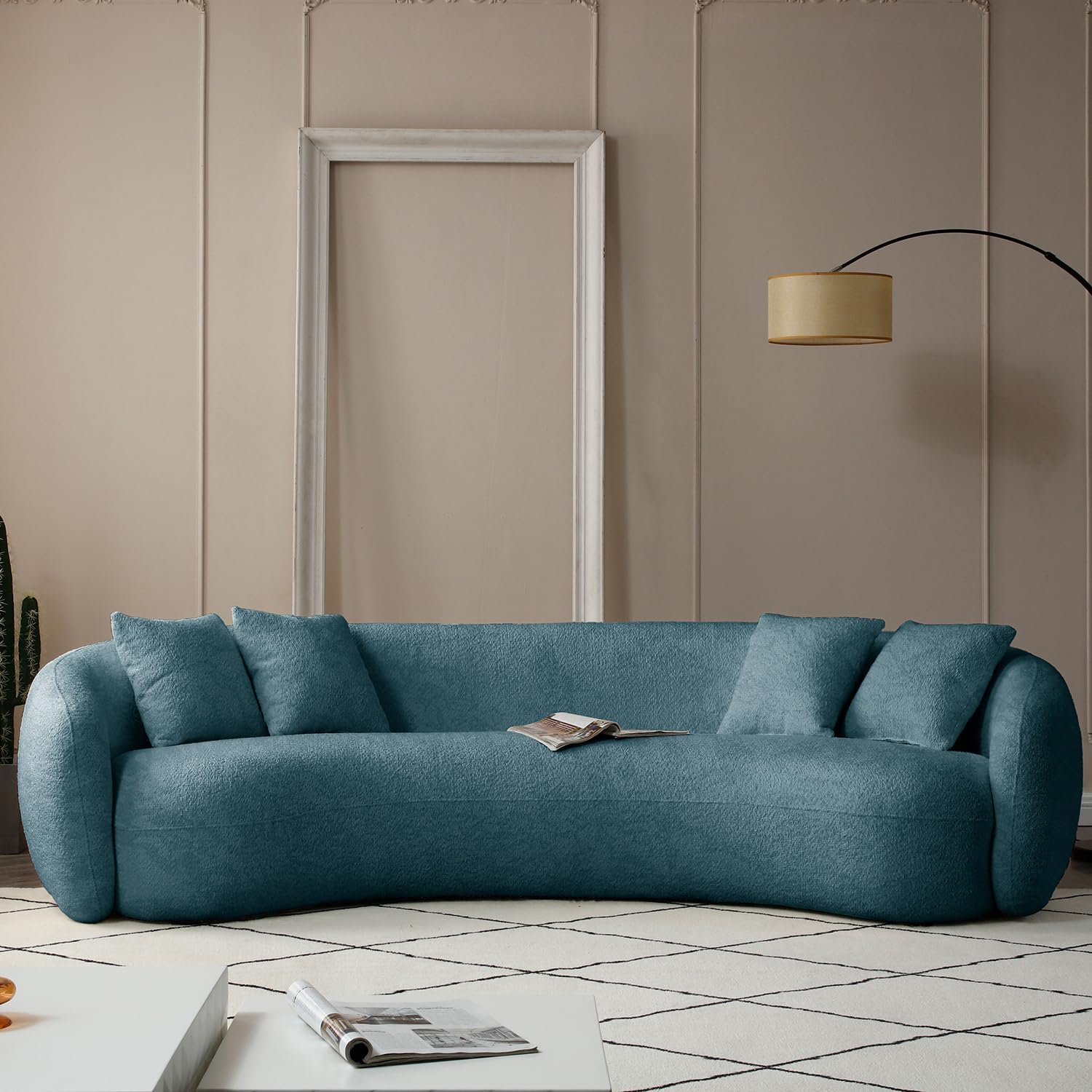 101.4 X 48.8 Boucle Curved Sofa, Mid Century Modern Moon Living Room Sofa 5 Seat Teddy Fleece Leisure Couch with 4 Throw Pillows, for Living Room, Office