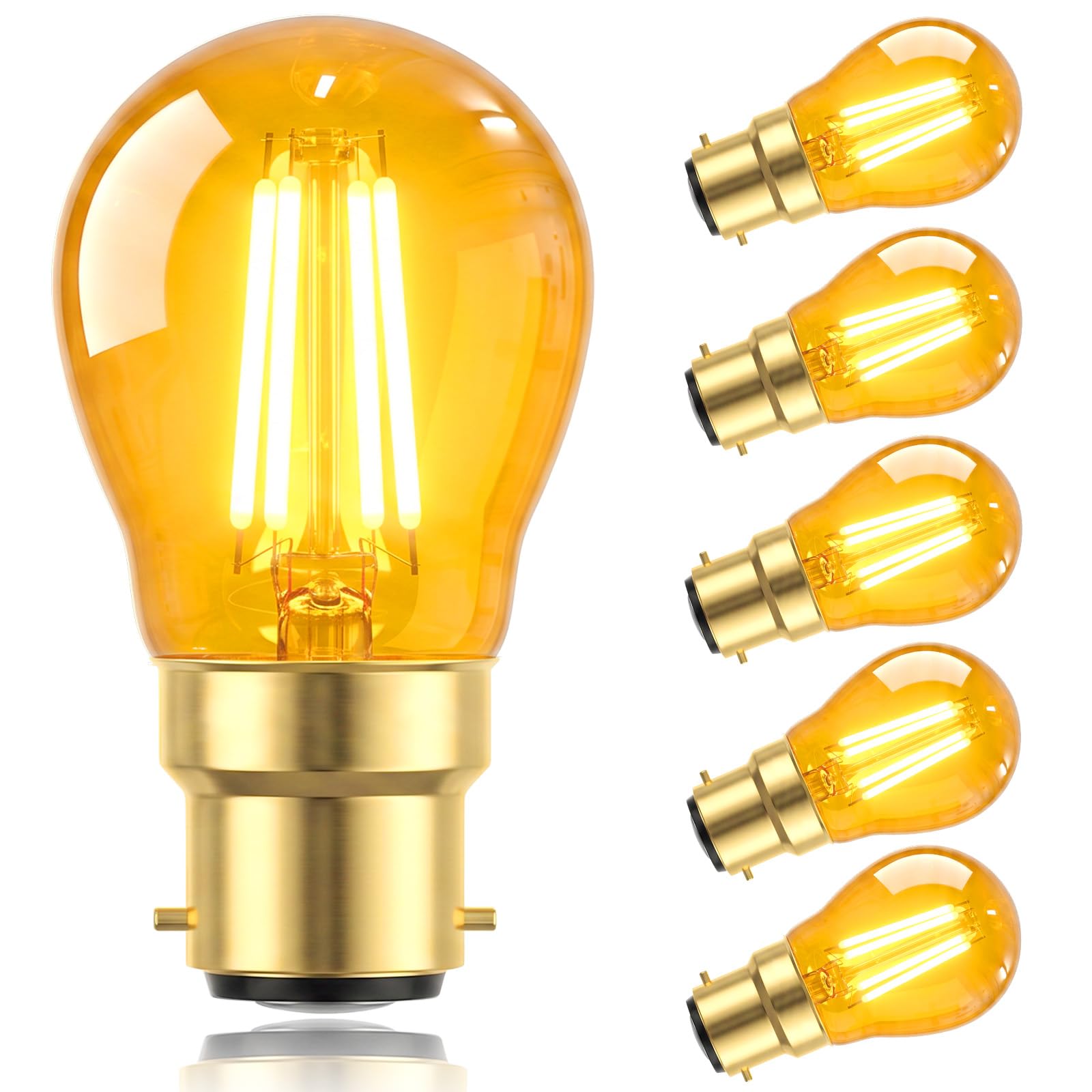 TobeBright 6Pack Vintage B22 Bayonet LED Light Bulb, 2W LED Filament Edison Bulb Equivalent to 20W,200LM, Amber Glass 2200K Warm White Night Light Bulb, Antique G45 Golf Ball Bulbs, Non-Dimmable
