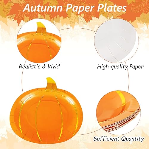 Miniatura 3 de AnyDesign 40 platos de papel de calabaza de otoño de lámina dorada, platos desechables de cosecha de Acción de Gracias, coloridos para otoño,