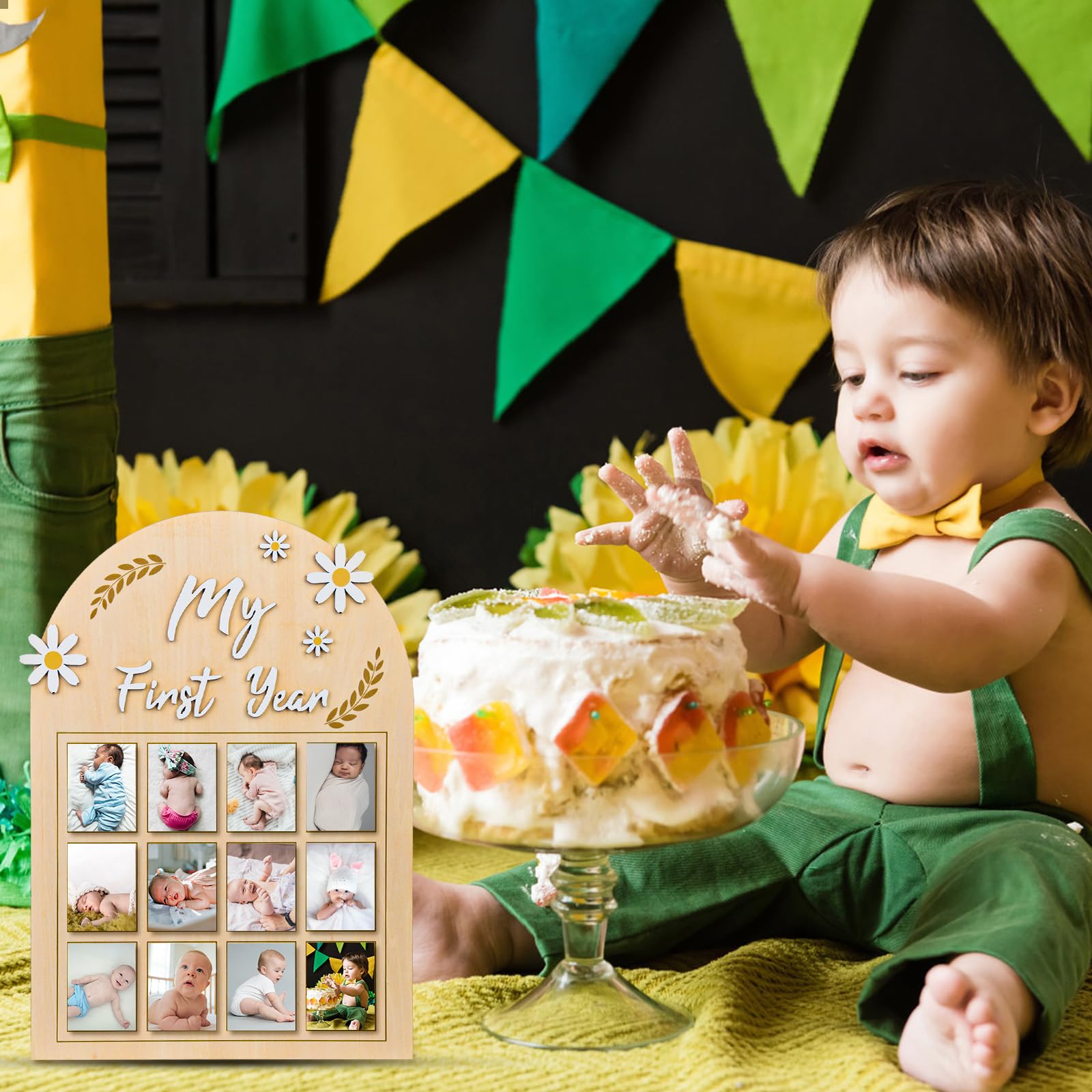NQEUEPN Cadre Photo ma Première Année, Fleur Marguerite 3D Affichage Photo de Première Année Bébé Bannière Photo Mensuelle Planche Bois 12 Mois Cadeau pour Nouveau-Né Souvenirs du 1er Anniversaire