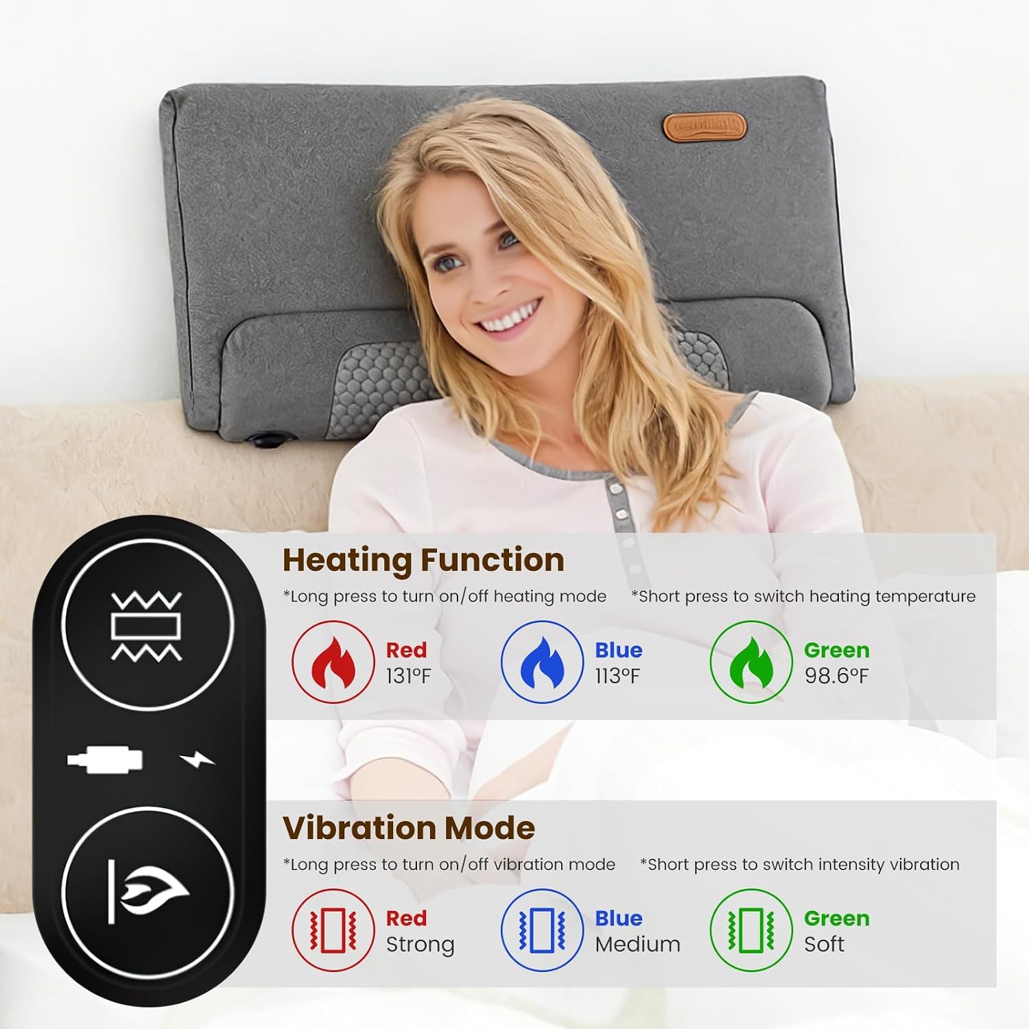 Neck Massager Pillow, Ergonomic Massager Memory Foam Pillow with 3-Level Heating 3-Intensity Vibration 3 Timer Hump Corrector for Neck Back Shoulder Pain Relief