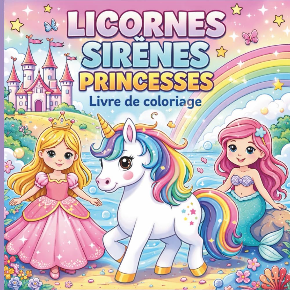 LICORNES SIRÈNES PRINCESSES Livre de coloriage: Grand cahier de Licornes, Sirènes et Princesses à colorier dès 6 ans. 50 dessins variés, une activité amusante et créative pour les enfants.