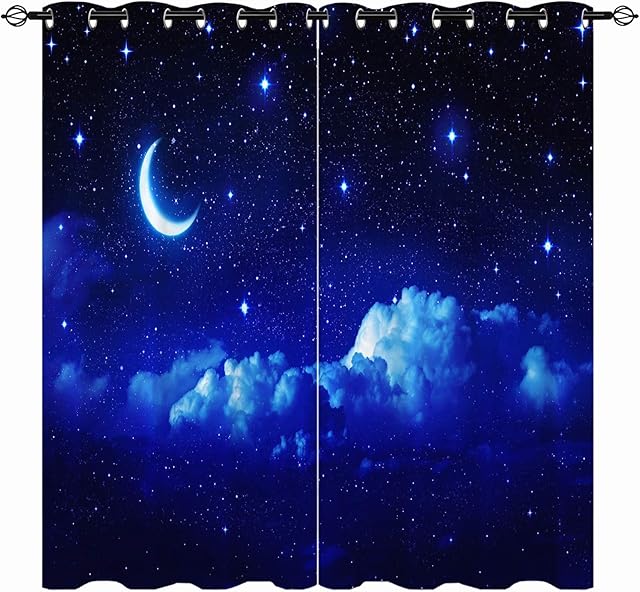 YUANZU Star Moon Curtains - Summer Blue Night Sky Starry Dreamy Cloud Landscape Print Pattern Eyelet Thermal & Room Darkening Blackout Window Drapes for Bedroom Living Room 2 Panels W117cm x D137cm