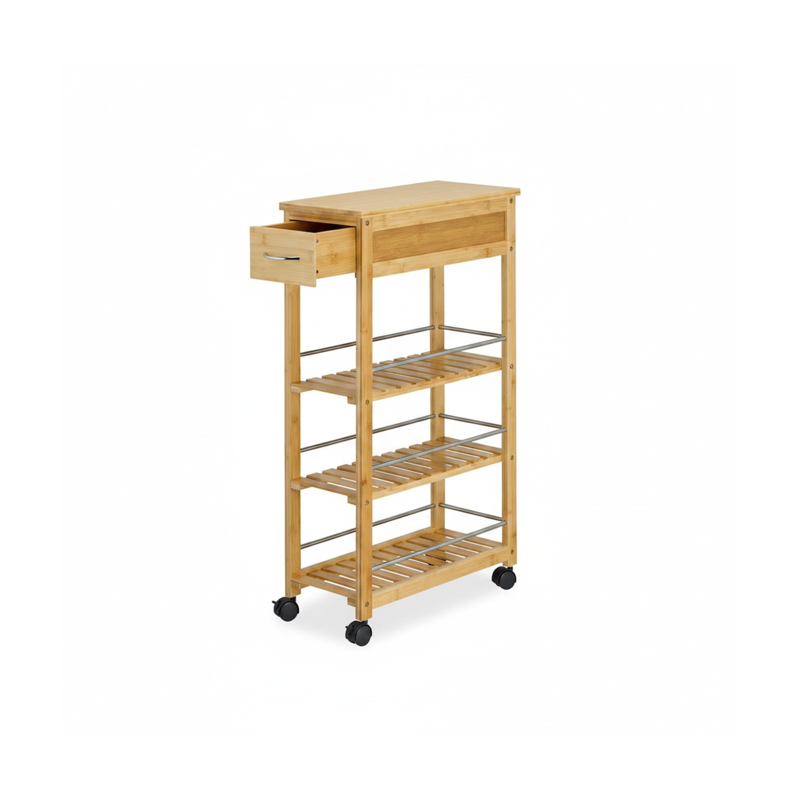 Relaxdays Carrello da Cucina con Ruote, 3 Ripiani e Cassetto, Carrellino Portaoggetti, HLP: 86,5 x 25 x 50,5 cm, bambù