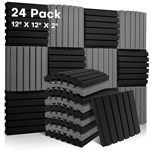 24 Pack Sound Proofing Acoustic Wall Panels, 2" X 12" X 12" / 5 X 30 X 30 CM Curved Acoustic Foam Panels, Soundproofing Foam Panels, Sound Absorbing Panels For Studio, Home, Offices, Black+Grey - 24 Pack Black + Grey