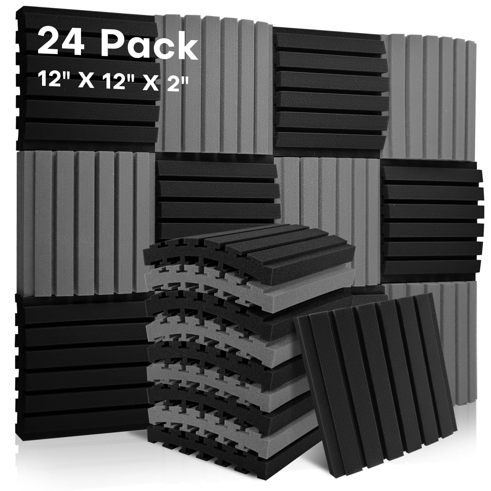 24 Pack Sound Proofing Acoustic Wall Panels, 2" X 12" X 12" / 5 X 30 X 30 CM Curved Acoustic Foam Panels