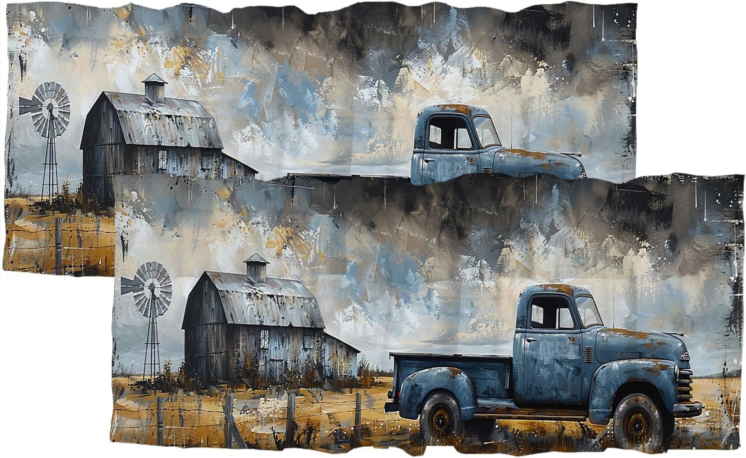 Old Truck Valances Curtains Rustic Wooden Barn Windmill Vintage Blue Car Farmhouse Country Scenery Rod Pocket Window Valance for Kitchen Living Room Bathroom Home Decoration 54 x 18 Inch, 2 Panel
