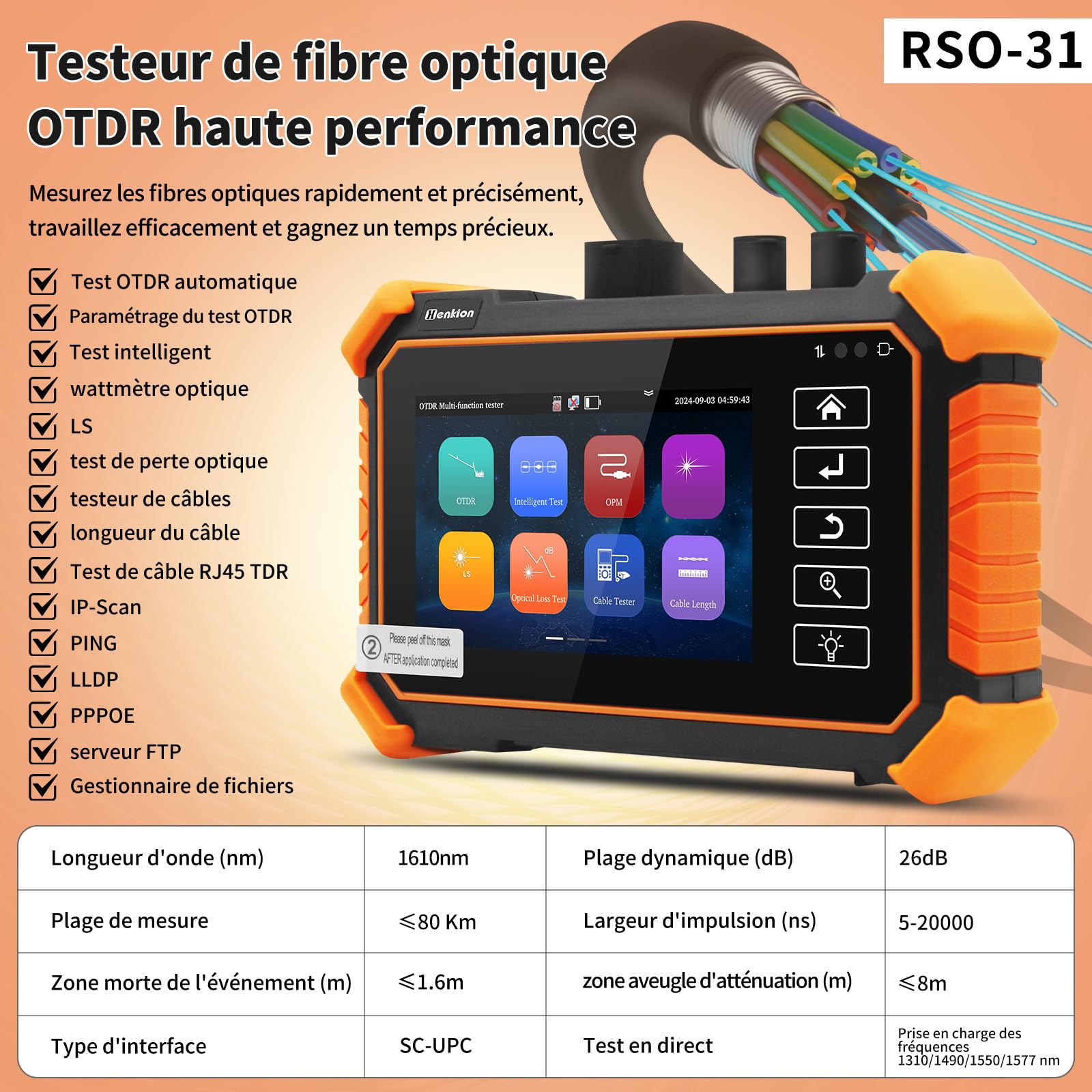 Henkion OTDR Fiber Optic Testeur de fibre optique 1610 nm 26 dB Prend en charge OPM, LS, OLS, VFL, carte d'événement, UTP/RJ45 TDR, testeur de câble de longueur, 8 adaptateurs de fibre, FTP/rapport