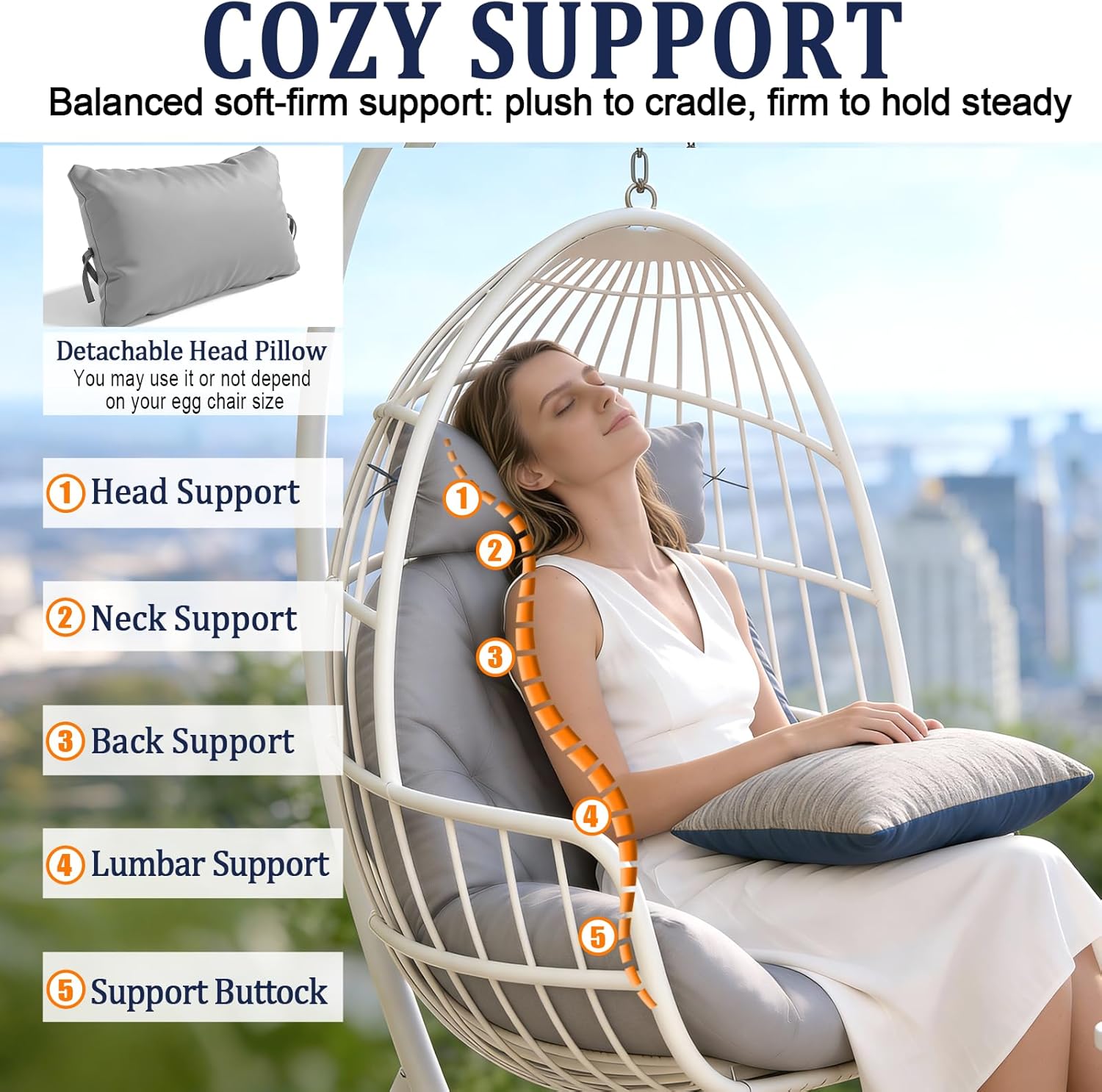 Egg Chair Cushion Replacement, Waterproof Outdoor Hanging Egg Swing Chair Cushions Pads with Headrest, 47x31x5 Inches (Gray)