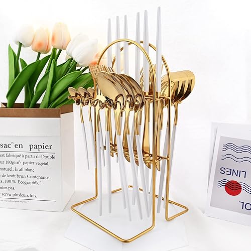 Miniatura 4 de Juego de cubiertos de 24 piezas de oro blanco con soporte, juego de vajilla ligera de acero inoxidable con asas blancas para el hogar, cocina, boda,
