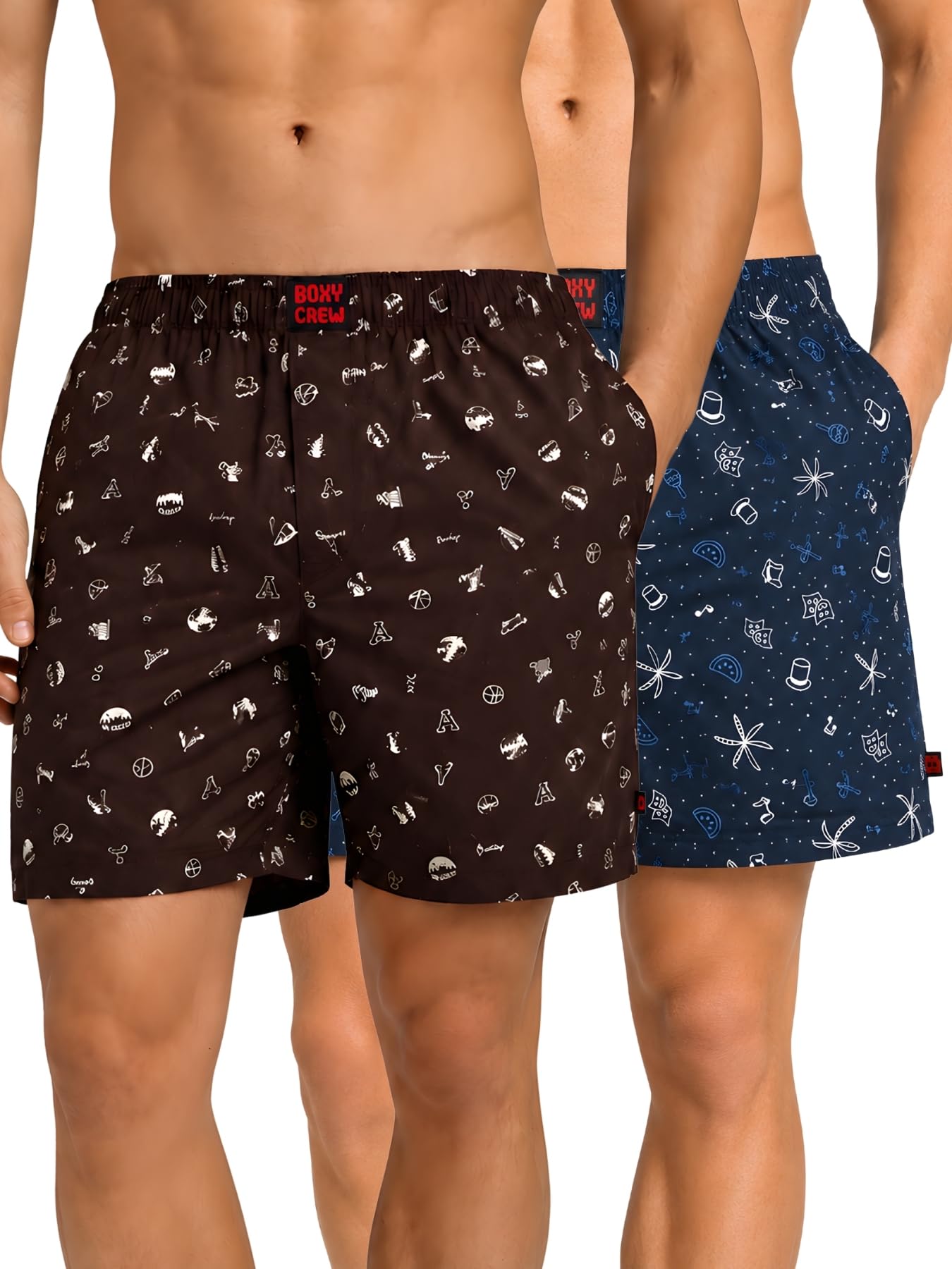 Men Boxer Shorts Pack of 2, 100% Cotton Woven Boxers, Brown & Blue, Printed Designs, Dual Side Pockets, No-Marks Inner Elastic Waistband, Relaxed Fit Lounge & Sleep Shorts-image-46