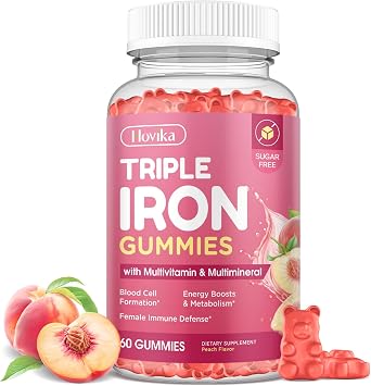 Iron Gummies for Women, Triple Iron Supplement with Multivitamin Iron Gummies with Vitamin C, A, B, Folate, Copper, Zinc for Energy & Blood Support, Immune Health, Vegan Peach, Flavor 60 Counts
