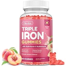 Iron Gummies for Women, Triple Iron Supplement with Multivitamin Iron Gummies with Vitamin C, A, B, Folate, Copper, Zinc for Energy & Blood Support, Immune Health, Vegan Peach, Flavor 60 Counts