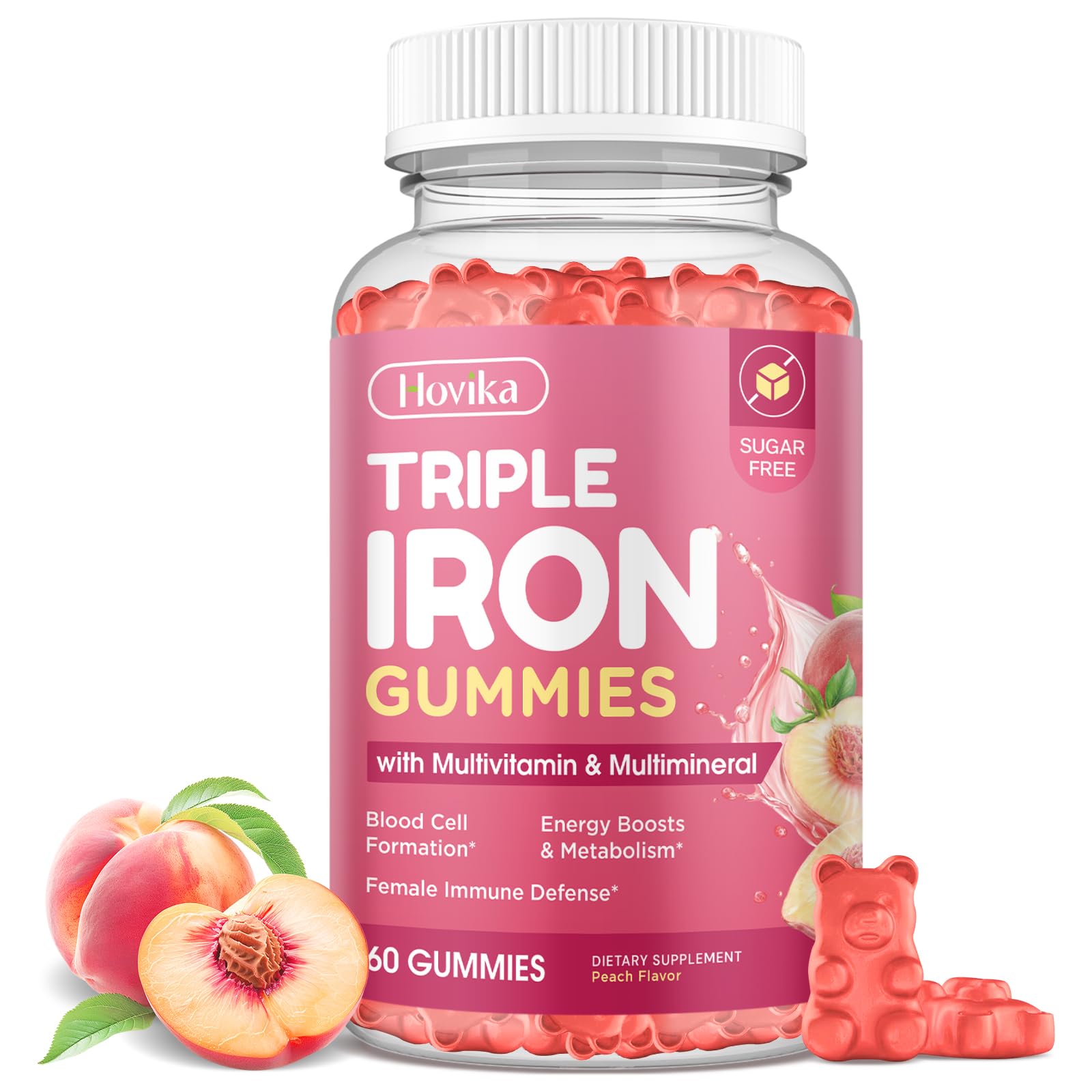 Iron Gummies for Women, Triple Iron Supplement with Multivitamin Iron Gummies with Vitamin C, A, B, Folate, Copper, Zinc for Energy & Blood Support, Immune Health, Vegan Peach, Flavor 60 Counts Peach 60 Count (Pack of 1)