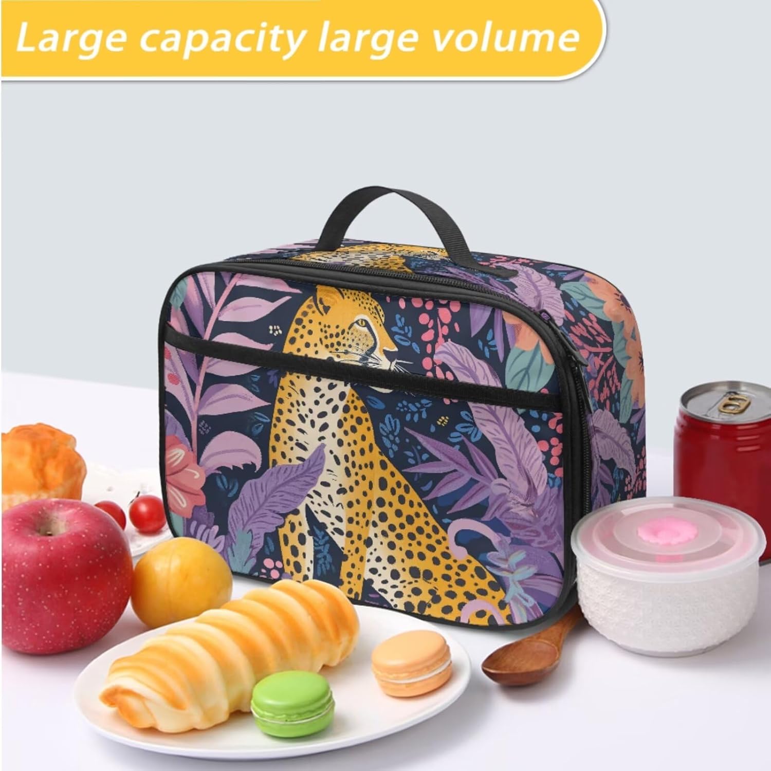 Animal Print Backpack Set for Girls Tropical Floral Cheetah Backpack with Lunch Box Elementary Student Outing Daily Lightweight 17 Inch Bookbag Purple Cute School Bag