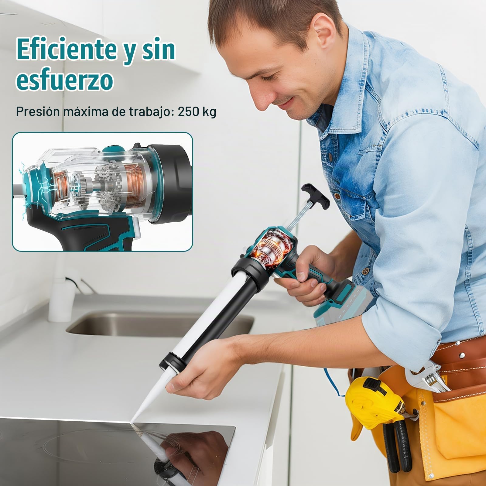 Pistola Silicona Compatible con 18V Makita Batería, Pistola Silicona Bateria de 10 oz/300 ml, Pistola Silicona Electrica Ajuste de 4 Velocidades para llenar y sellar (Sin Batería)