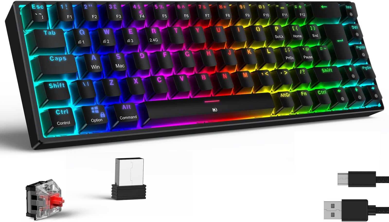 TECURS Wireless Gaming Keyboard Mechanical RGB UK Layout TKL 65% Rollover Anti-ghosting Bluetooth / 2.4G Keyboard Red Switch for PC Gamer/iPad/ PS4/Android, Black