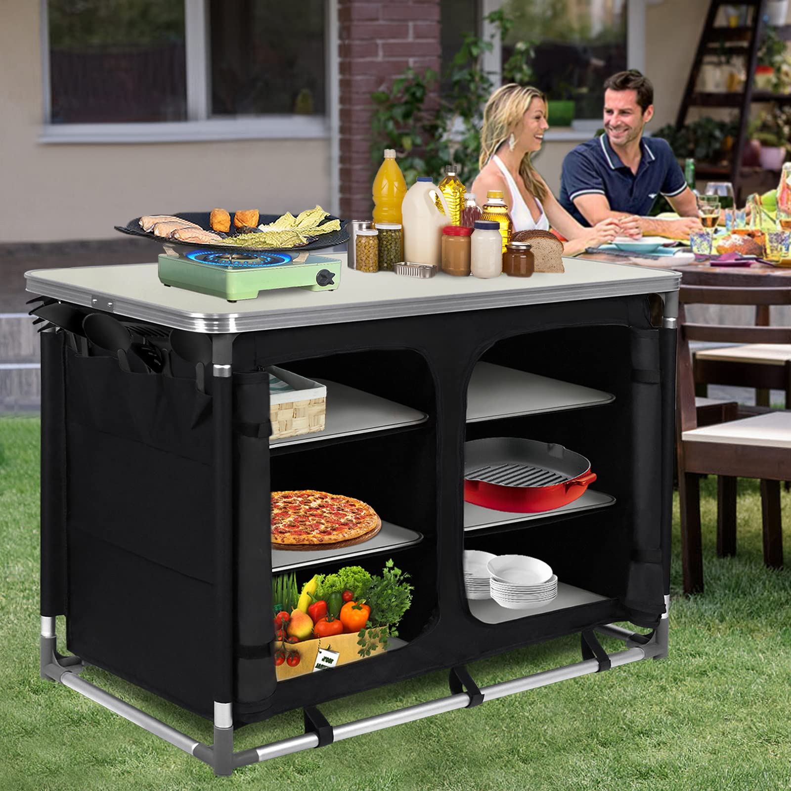Campingschrank Faltbar Aluminium, Campingküche mit Tischaufsatz & Stauraum, Outdoor Reiseküche Küchenbox für Camping & Picknick