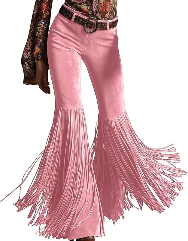 Western Tassel Suede Pants Vintage Brown Fringe Flared Long Pants for Women Low Waist Slim Fit Trendy Trousers