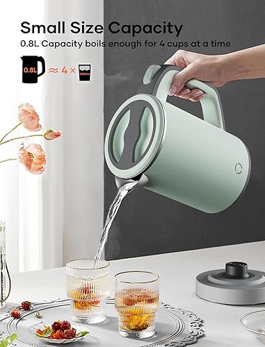 Miniatura 3 de Sekaer Hervidor de té eléctrico pequeño de acero inoxidable de 0.8 L, hervidor de agua caliente portátil para viajes, mini hervidor de café