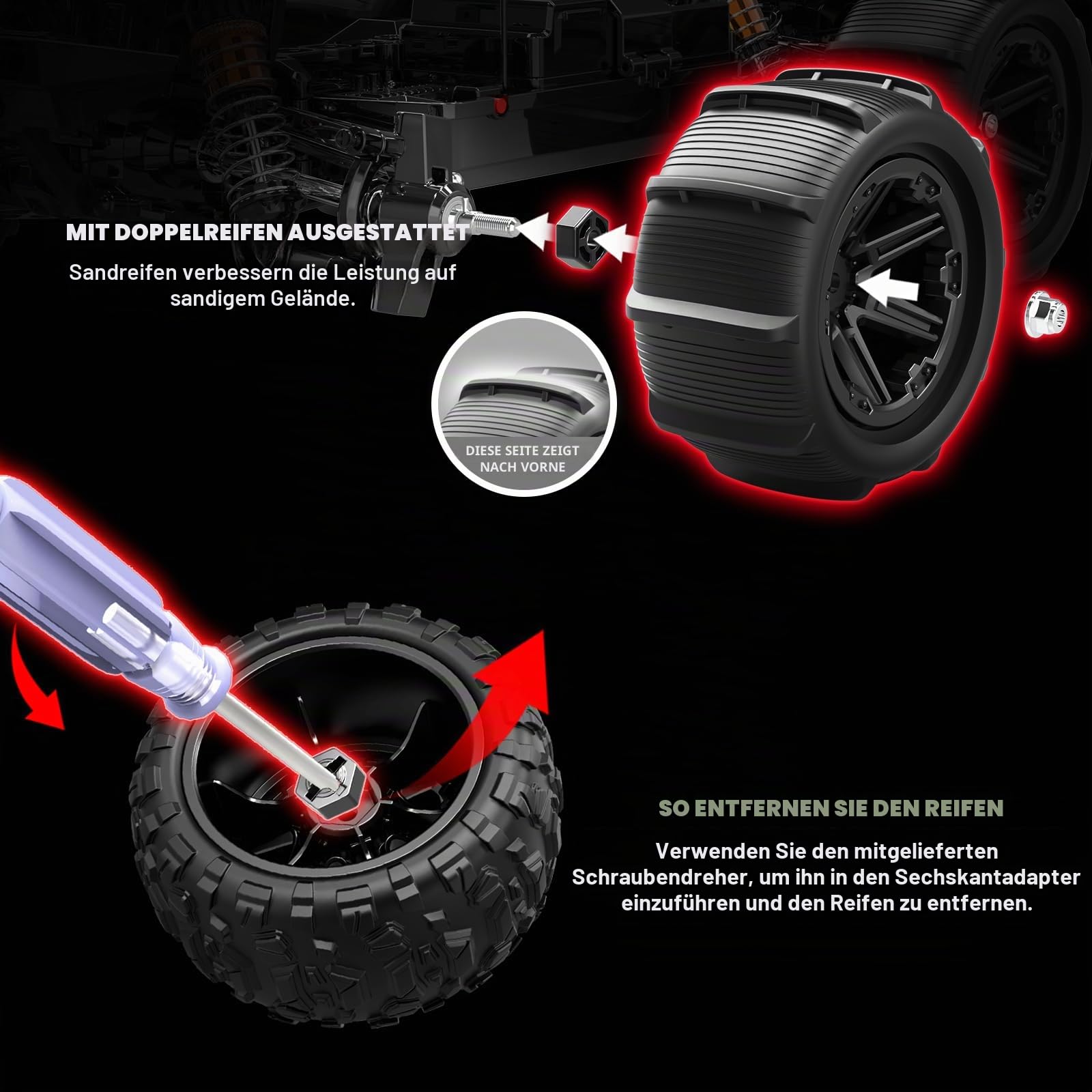Ferngesteuertes Auto Erwachsene 1:14 Brushless RC Auto RC Car Truck 52 km/h | 4WD All-Terrain Offroad ölgefüllten Stoßdämpfern 2x 2S 1500mAh LiPo Akku, RTR mit 2 Reifensätzen, Aufrüstbar auf 3S 70 km/h
