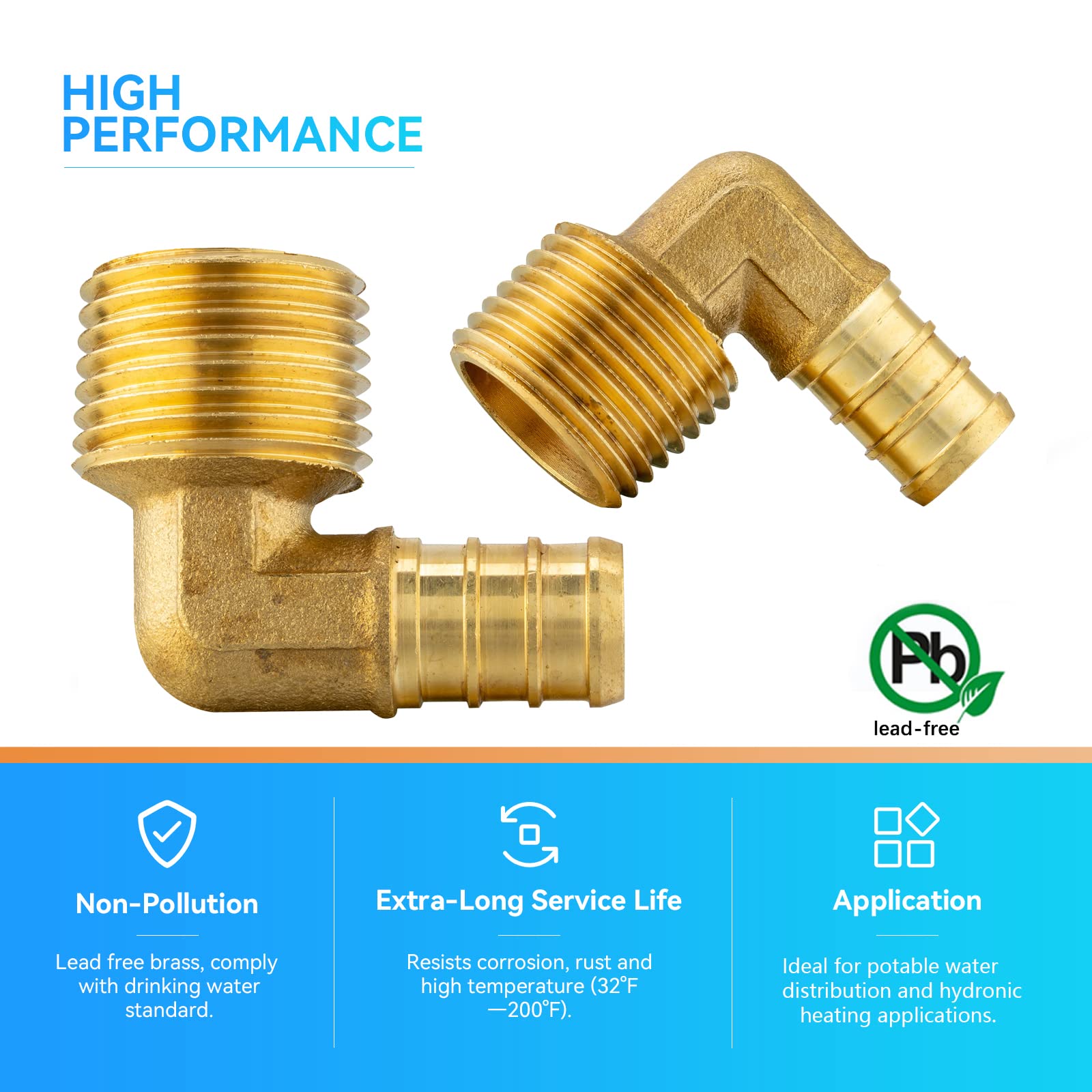 Paquete de 10 accesorios PEX, Pex 1/2 x 3/4 pulgadas macho roscado NPT codo de latón engarzado, codo macho PEX F1807 de 1/2 pulgada para tuberías Pex en trabajos de fontanería