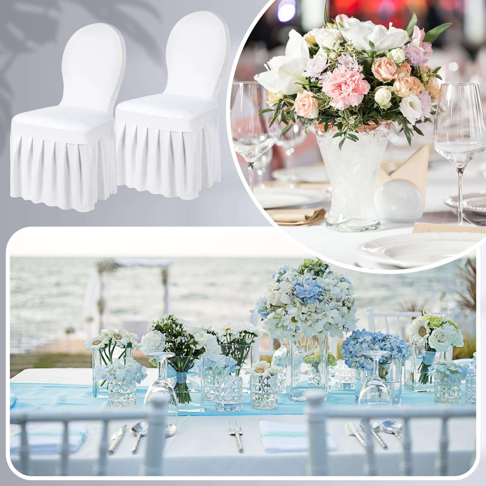 Oudain Fundas para sillas con faldón, Fundas largas y elásticas de Elastano para sillas de Comedor, extraíbles y Lavables para Hotel y Ceremonia de Boda (Blanco, 30 Piezas)