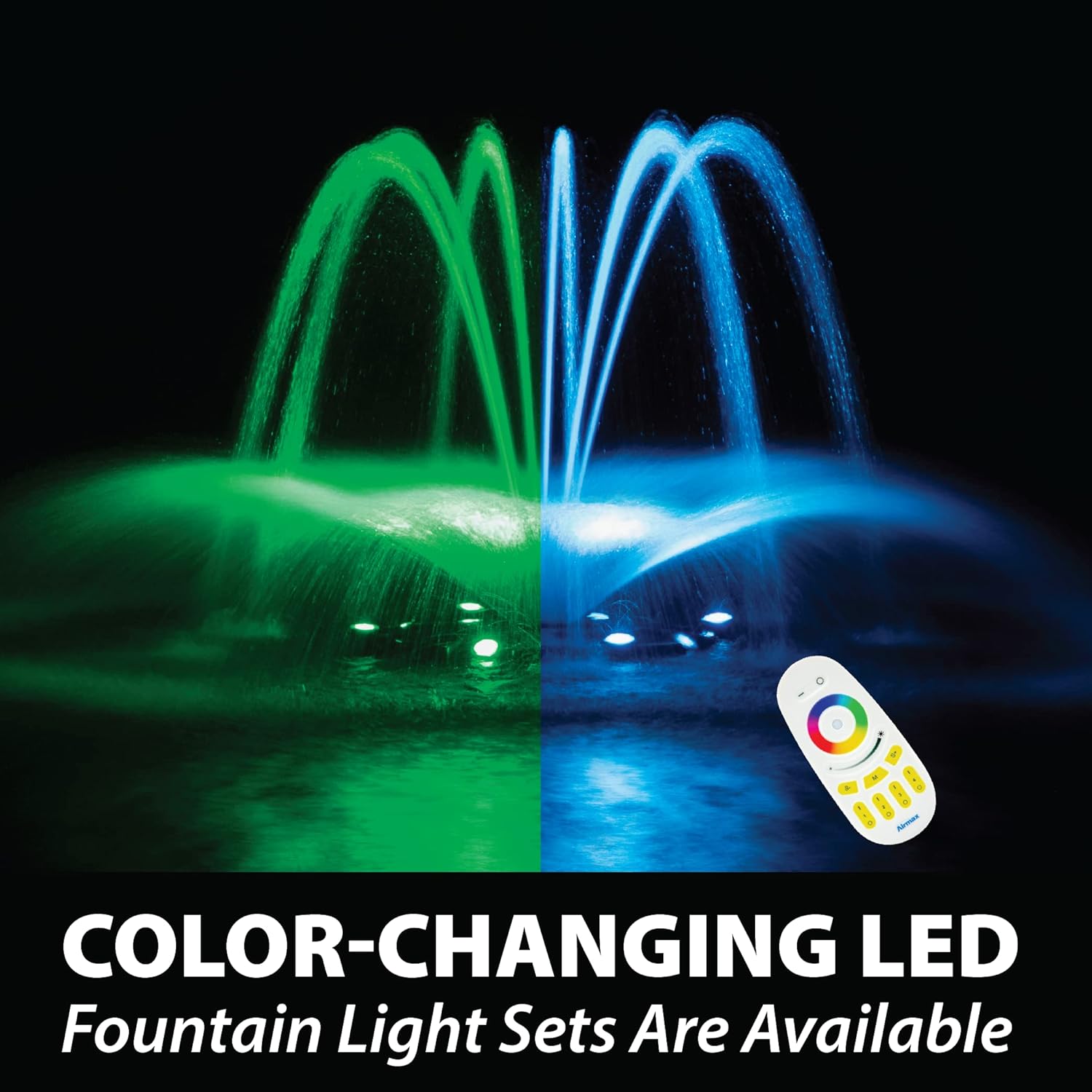 Airmax EcoSeries, Big Pond & Large Lake Floating Fountain Kit, 1/2 Horsepower Oil Free Inline Water Pump, 3 Spray Pattern Nozzles, Float Ring, 115 Volt Outdoor Electric Control Box, 100’ Power Cord