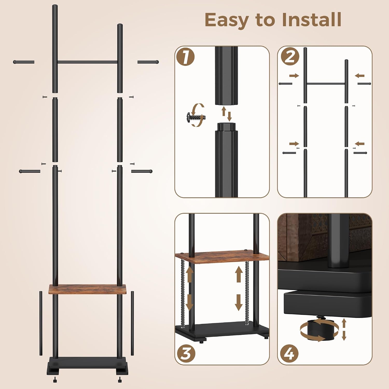 Small Coat Rack Stand, Adjustable Feet, 2 Storage Shelves 73.4”