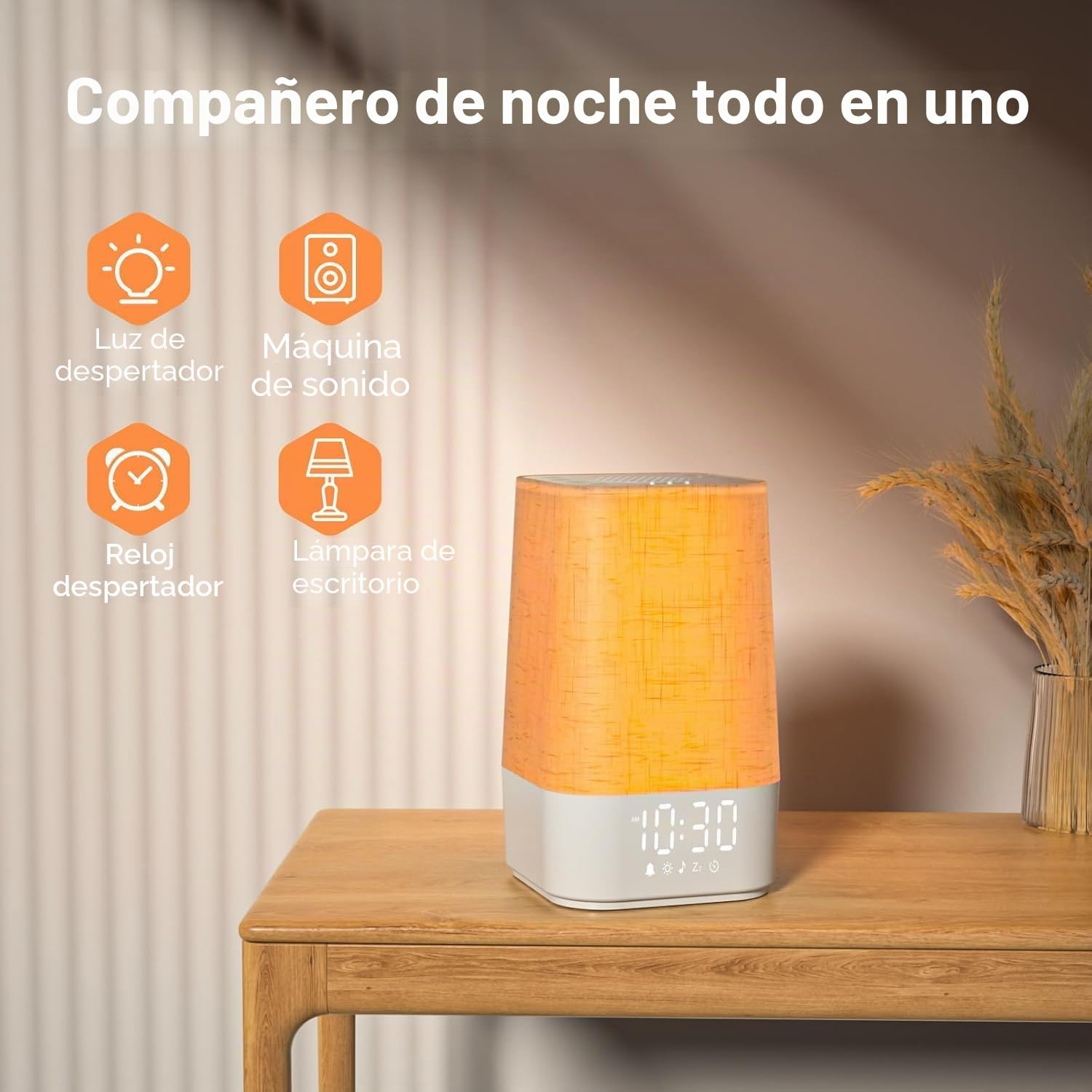 Despertador luminoso simulador de amanecer, lámpara de noche regulable con función de carga, Snooze, temporizador y luz